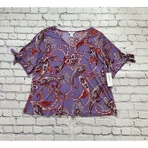 NWT Liz Claiborne Women’s Size 0X Purple Paisley Slit Sleeve Boho Western Blouse
